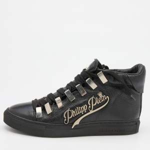 Pre Owned Philipp Plein Black Leather Logo Hight Top Sneakers Size 38