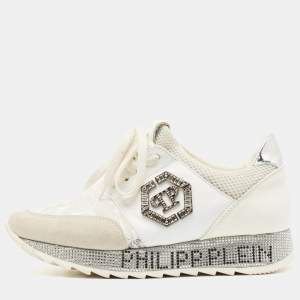Philipp Plein White Lace and Leather Embellished Logo Low Top Sneakers Size 36