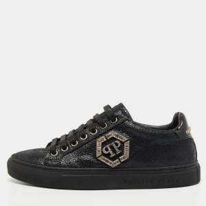 Philipp Plein Black Textured Suede Embellished Logo Low Top Sneakers Size 37