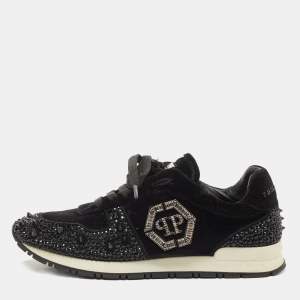 Philipp Plein Black Velvet Studded Embellishments Low Top Sneakers Size 37