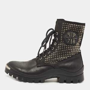 Philipp Plein Black Leather Studded Lace Up Ankle Boots Size 42