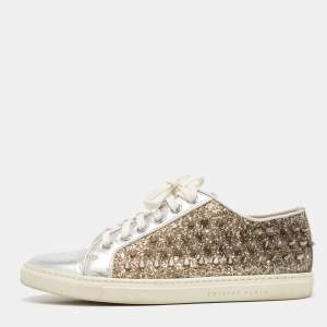 Philipp Plein Silver/Gold Leather And Glitter Spike Sneakers Size 36