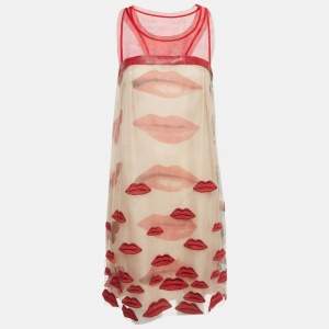 Philosophy di Alberta Ferretti Red/Beige Lip Applique Tulle Dress S