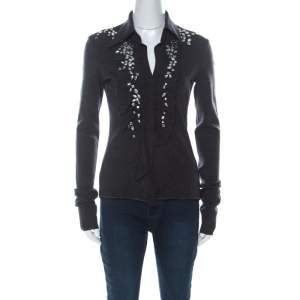 Pre Owned Philosophy Di Alberta Ferretti Dark Grey Wool Embellished Ruffle Detail Long Sleeve Top M