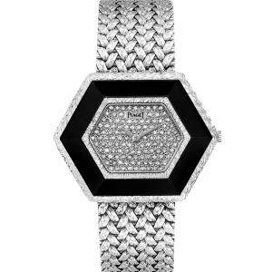 Piaget Silver Onyx Diamonds 18k White Gold Vintage Cocktail 9523 Women's Wristwatch 28 x 35 MM