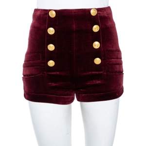 Pierre Balmain Maroon Velvet Button Detail High Waist Short S