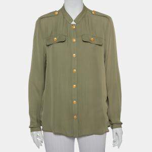 Pierre Balmain Military Green Silk Half Collar Button Front Shirt S 