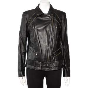 Pierre Balmain Black Leather Zip Front Waist Belt Detail Biker Jacket L