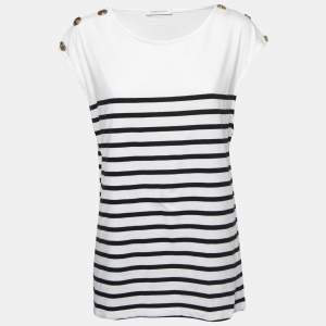 Pierre Balmain White/Navy Blue Striped Cotton Button Embellished Sleeveless T-Shirt L