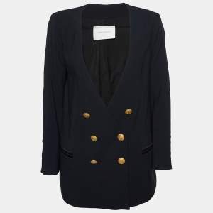 Pierre Balmain Black Crepe Collarless Double Breasted Jacket L