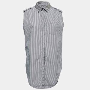 Pierre Balmain Blue Striped Cotton Studded Detail Button Front Sleeveless Shirt M