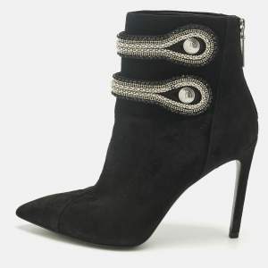 Pre Owned Pierre Balmain Black Suede Crystal Embellished Ankle Length Boots Size 37