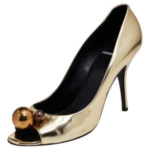 Pierre Hardy Metallic Gold Leather Embellished Peep Toe Pumps Size 39