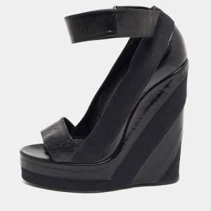 Pierre Hardy Black Leather and Canvas Ankle Strap Wedge Pumps Size 40 
