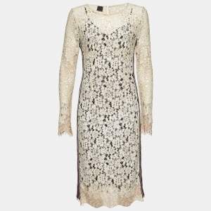 Pinko Beige Corded Lace Stripe Tape Detail Sheath Dress M