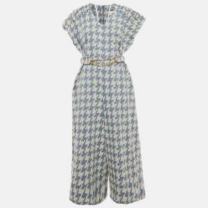 Pre Owned Poca & Poca Blue Houndstooth Belted Wide Leg Jumpsuit M