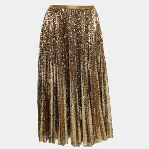 Pre Owned Polo Ralph Lauren Gold Sequin Plisse Midi Skirt XL