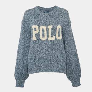 Pre Owned Polo Ralph Lauren Blue Logo Intarsia Rib Knit Crew Neck Sweater L