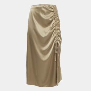 Pre Owned Polo Ralph Lauren Gold Satin Ruched Slit Detail Midi Skirt S