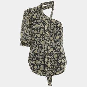 Pre Owned Polo Ralph Lauren Black Floral Print Chiffon One-Shoulder Top M
