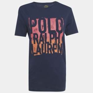 Pre Owned Polo Ralph Lauren Navy Blue Printed Jersey T-Shirt S