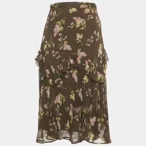 Pre Owned Polo Ralph Lauren Brown Floral Print Chiffon Ruffled Midi Skirt S