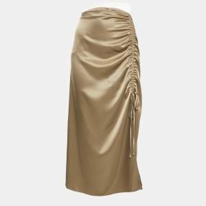 مملوكة مسبقًا تنورة ميدي بولو رالف لورين ساتان بني مجمعة مقاس متوسط - ميديوم