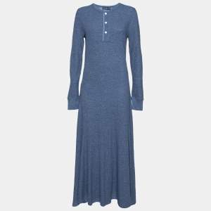 Pre Owned Polo Ralph Lauren Blue Waffle Knit Elbow Patch Detail Dress L