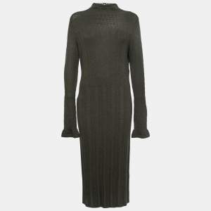 Pre Owned Polo Ralph Lauren Olive Green Merino Wool Knitted Midi Dress L
