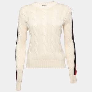 Pre Owned Polo Ralph Lauren Cream Striped Cable Knit Sweater S