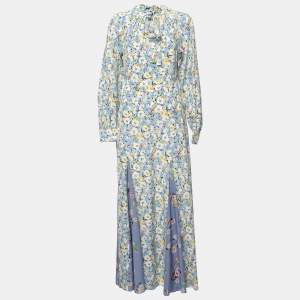 Pre Owned Polo Ralph Lauren Blue Floral Printed Silk Maxi Dress S