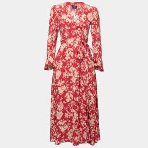 Polo Ralph Lauren Red Floral Printed Crepe Wrap Maxi Dress S