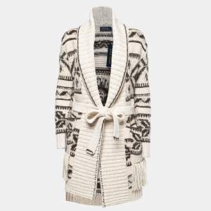 Polo Ralph Lauren White/Brown Tribal Patterned Wool Belted Cardigan S