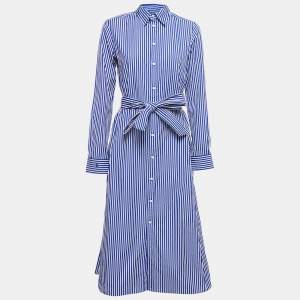 Polo Ralph Lauren Blue Striped Cotton Poplin Belted Shirt Dress M