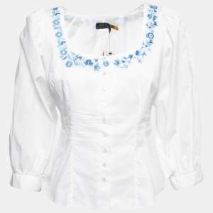 Pre Owned Polo Ralph Lauren White Cotton Floral Embroidered Top S