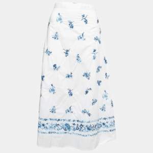 Pre Owned Polo Ralph Lauren White Cotton Floral Embroidered Midi Skirt S