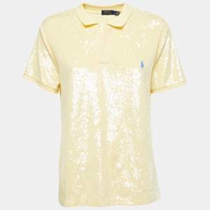 Pre Owned Polo Ralph Lauren Yellow Cotton Sequin Embellished Polo T-Shirt L