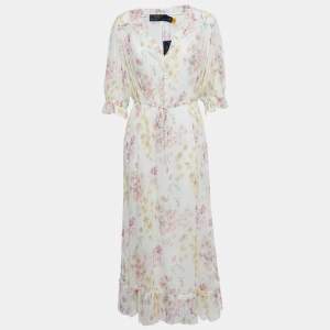 Pre Owned Polo Ralph Lauren White Floral Print Chiffon Ruffled Midi Dress M
