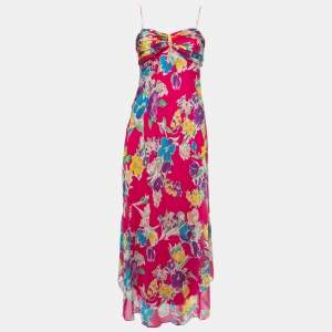 Pre Owned Polo Ralph Lauren Pink Floral Silk Spaghetti Strap Midi Dress M
