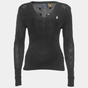 Pre Owned Polo Ralph Lauren Black Logo Embroidered Cable Knit V-Neck Sweater S
