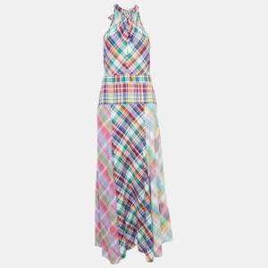 Pre Owned Polo Ralph Lauren Multicolor Check Print Cotton Halterneck Dress M