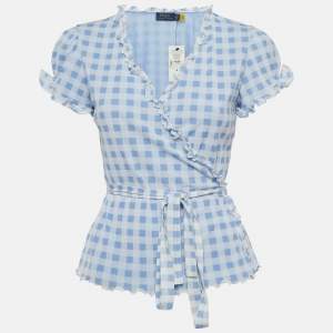 Polo Ralph Lauren Blue Checked Knit Wrap Top M