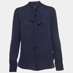 مملوكة مسبقًا Polo Ralph Lauren Navy Blue Silk Tie-Up Neck Shirt XS