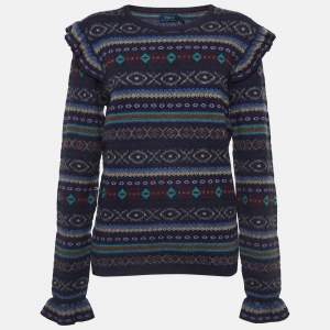 Pre Owned Polo Ralph Lauren Navy Blue Patterned Wool Blend Ruffled Sweater L