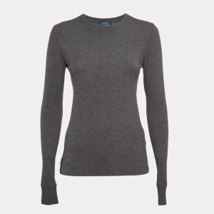 Pre Owned Polo Ralph Lauren Grey Suede Trim Rib Knit Sweatshirt M