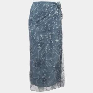 Pre Owned Polo Ralph Lauren Grey Sequin Embroidered Tulle Midi Skirt L