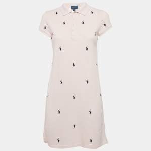 Pre Owned Polo Ralph Lauren Pink All Over Logo Cotton Pique T-Shirt Dress XL