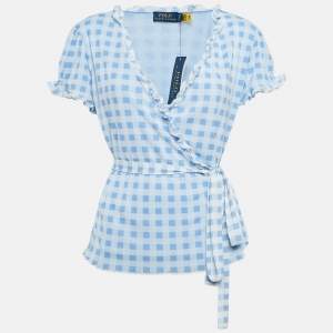 مملوكة مسبقًا Polo Ralph Lauren Blue Checks Print Jersey Wrap-Around Ruffled Top L