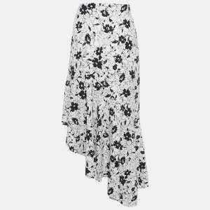 Pre Owned Polo Ralph Lauren White Floral Print Linen Ruffled Asymmetric Skirt L