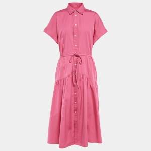 Pre Owned Polo Ralph Lauren Pink Cotton Button Front Tie-Up Waist Midi Dress M